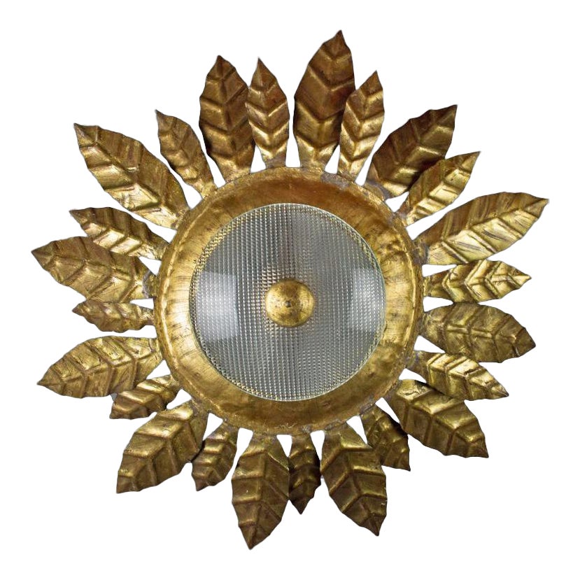 Gilt Metal And Textured Glass Flush Mounted Sunburst Ceiling