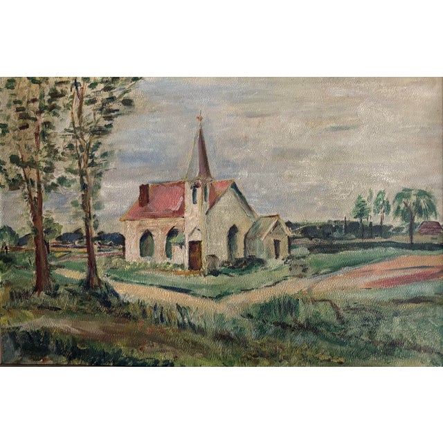 Early 20th century Folk Art oil on board, unsigned. Features a charming impressionist style landscape with a primitive...