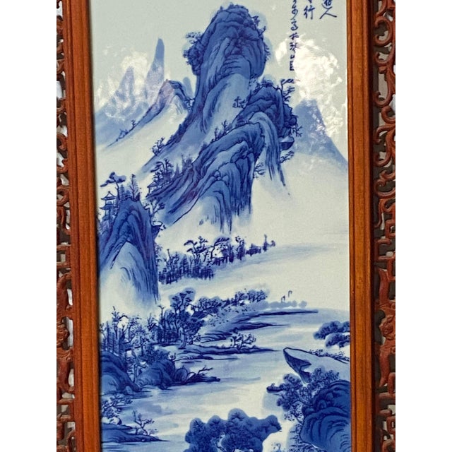 Chinese Vintage Lg Chinese Blue and White Porcelain Wood Panel Wall Hanging 49" H For Sale - Image 3 of 7