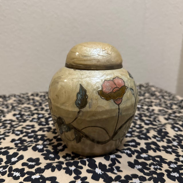This stunning vintage brass ginger jar features a classic hand-painted cloisonné enamel design. The piece showcases an...