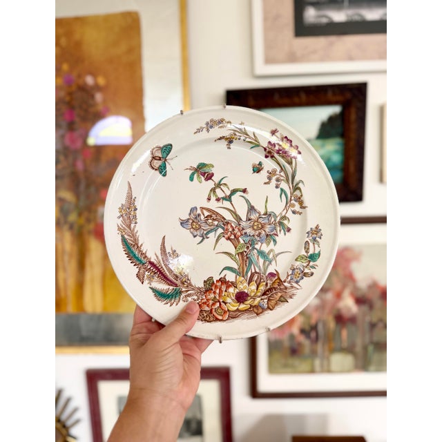 Antique Aethetic Movement Flora and Fauna Hand-Colored Ironstone Transferware Plate For Sale In New Orleans - Image 6 of 7