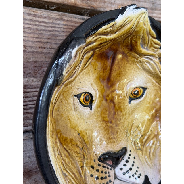 Vintage Italian Glazed Terracotta Lion Wall Plate | Sculptural Ceramic Wall Art For Sale - Image 9 of 11