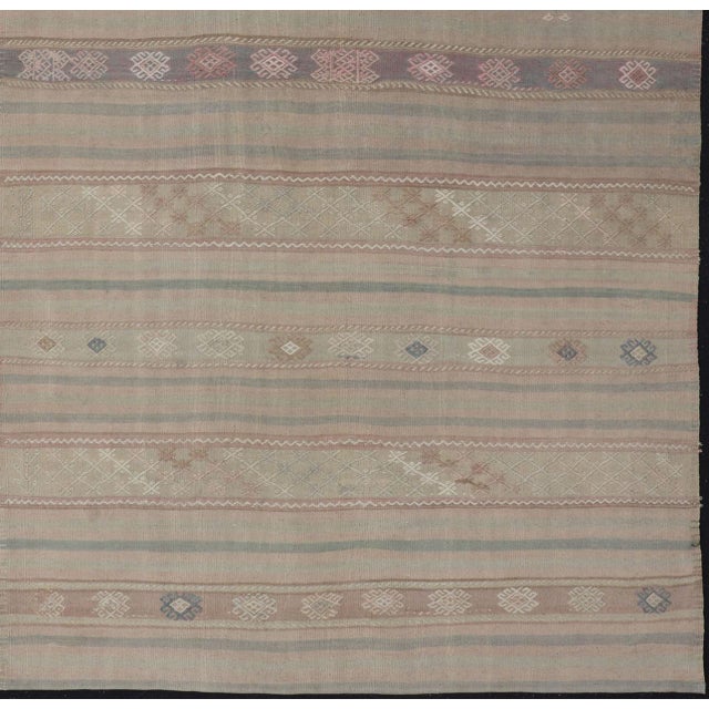 Tribal Flat-Weave Turkish Kilim With Embroideries in Earthy Tones and Hints of Pink 5'8" X 10'8" For Sale - Image 3 of 12