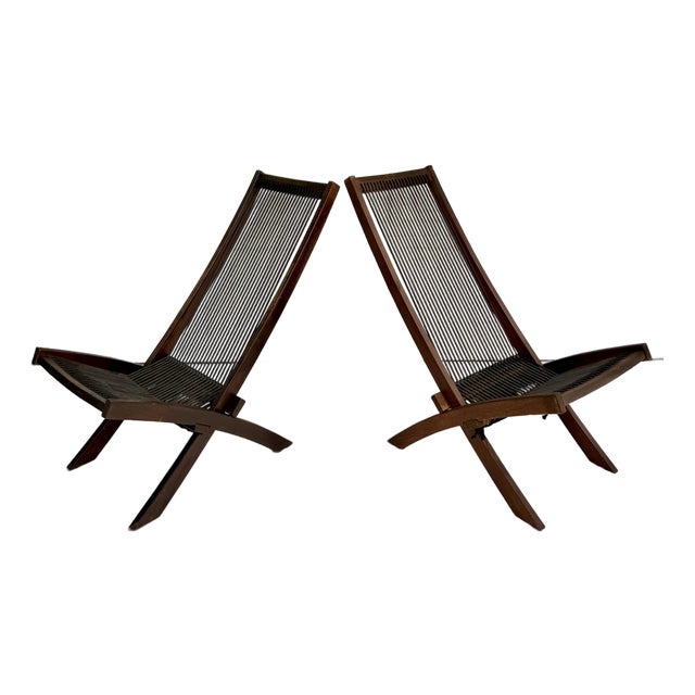 Pair of Vintage Scandi-Style Folding Wood & Cord Lounge Chairs For Sale