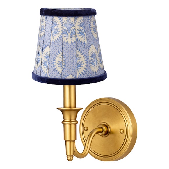 Blue Palm & Navy Velvet Trim Sconce Shade For Sale