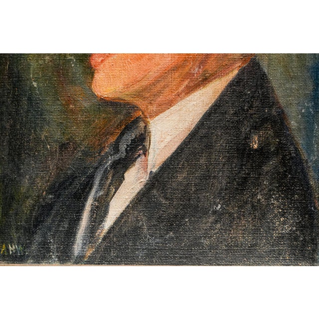 Wood Art Deco Era Antique Oil Painting Profile Portrait of Young Man in Suit Framed For Sale - Image 7 of 12