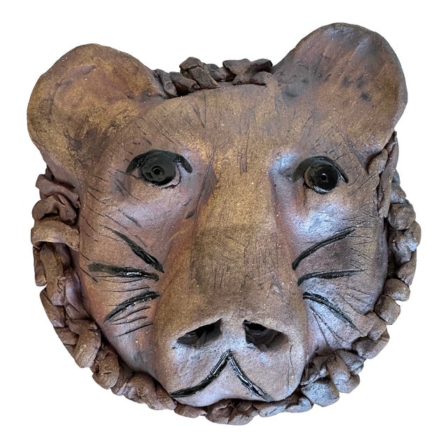 Vintage Signed Lion Head Folk Art Sculpture - For Tabletop or Wall Hanging For Sale