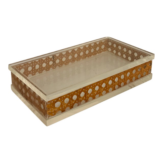 Vintage Lucite and Cannage Rattan Box Attrib. To Dior For Sale