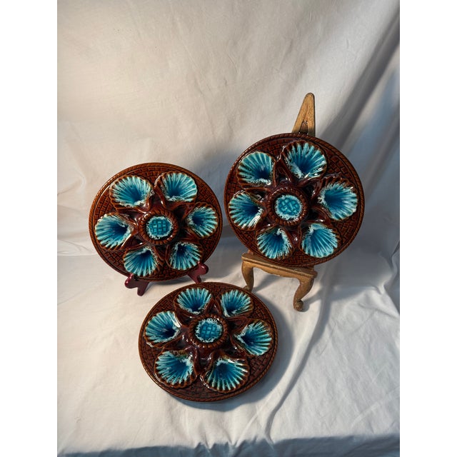 Vintage French Vallauris Majolica Oyster Plate Brown Blue Mid Century Seafood Platters-3 Plates For Sale - Image 4 of 11