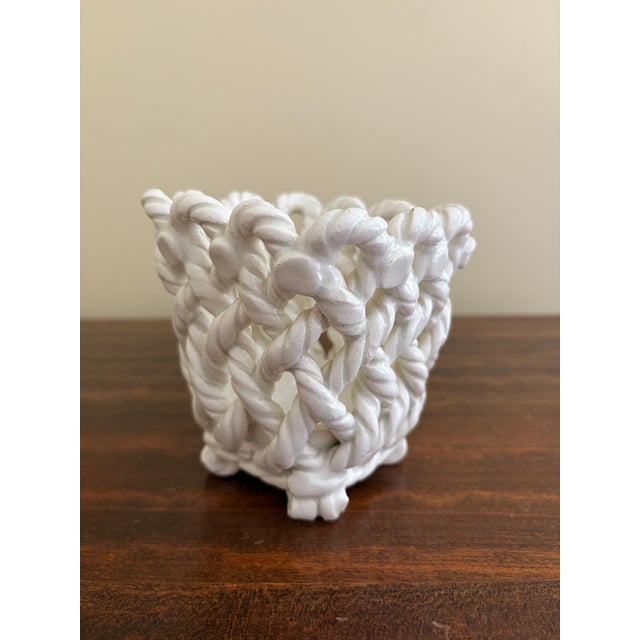 French Country White Ceramic Woven Rope Cachepot Basket For Sale In South Bend - Image 6 of 8