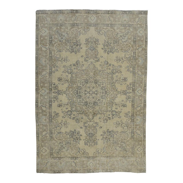 Tabriz Rug 6’5” X 9’4” Beige Wool Vintage Distressed Hand-Knotted Carpet For Sale
