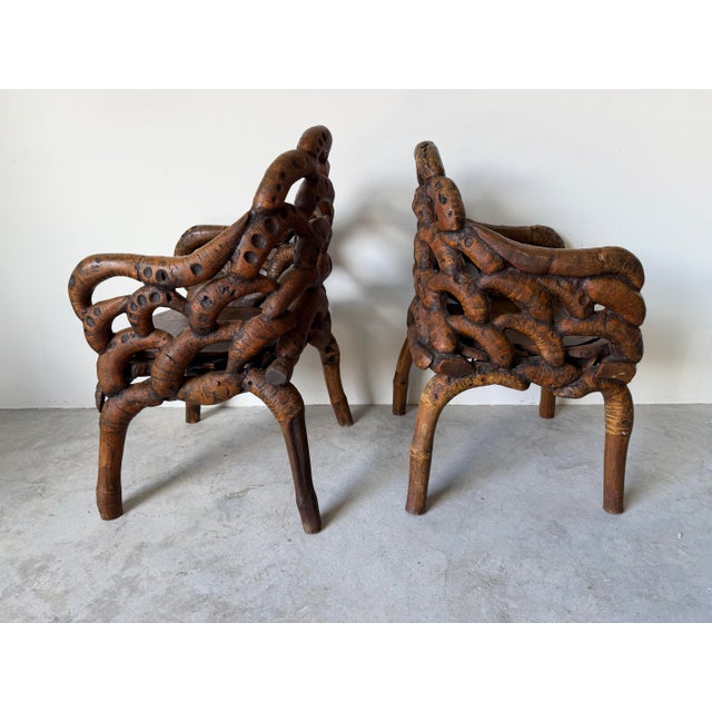 Vintage Chinese Organic Root Bamboo Rustic Club Armchairs – A Pair For Sale - Image 10 of 12