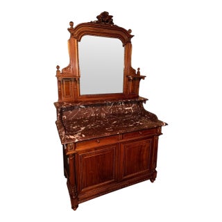 Antique French Louis Walnut Wood Marble Top Mirror Sideboard Cabinet For Sale