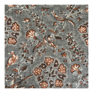 English Suzanne Tucker Amara in Grey and Chestnut Brown Printed Linen Fabric- 3 1/2 Yards