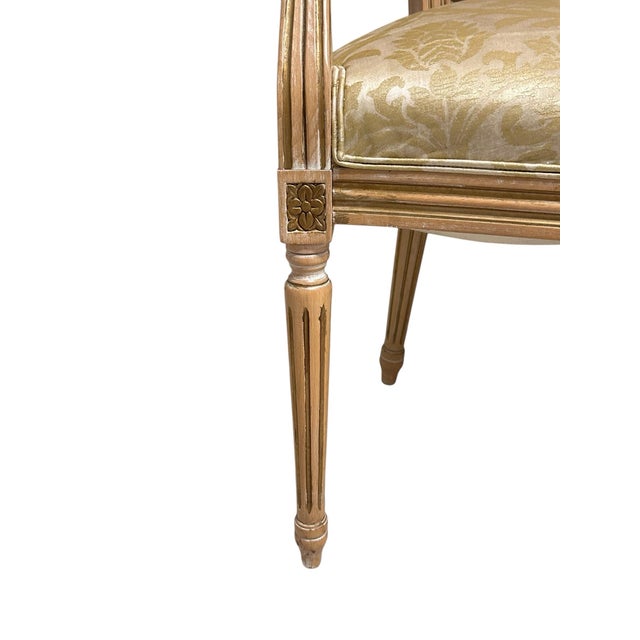 Wood Pair of Louis XVI French Chairs With Partial Gilt Details and Custom Upholstery Gold Distressed Embossed Stamp Fabric For Sale - Image 7 of 10