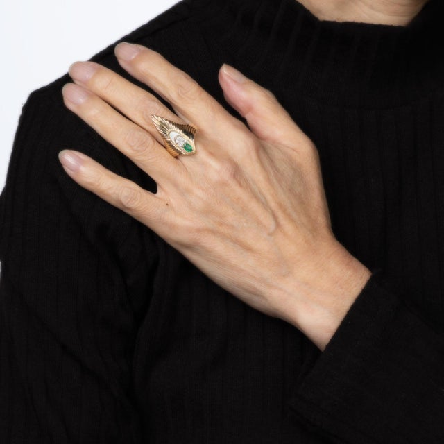 Erte Peacock Rayonnement Ring LTD Edition Emerald Diamond Vintage 14k Gold, Size 7.5 For Sale In Los Angeles - Image 6 of 8