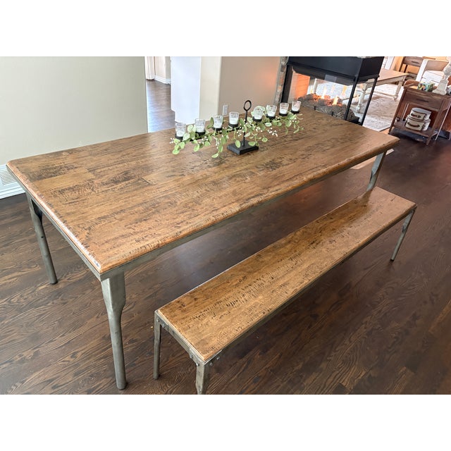 Arhaus Arhaus Reclaimed Oak Table and Bench With Industrial Legs For Sale - Image 4 of 10
