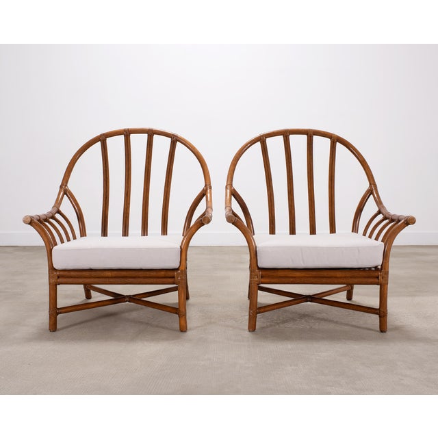 Contemporary Pair of McGuire Organic Modern Rattan Lounge Chairs + Ottoman For Sale - Image 3 of 18
