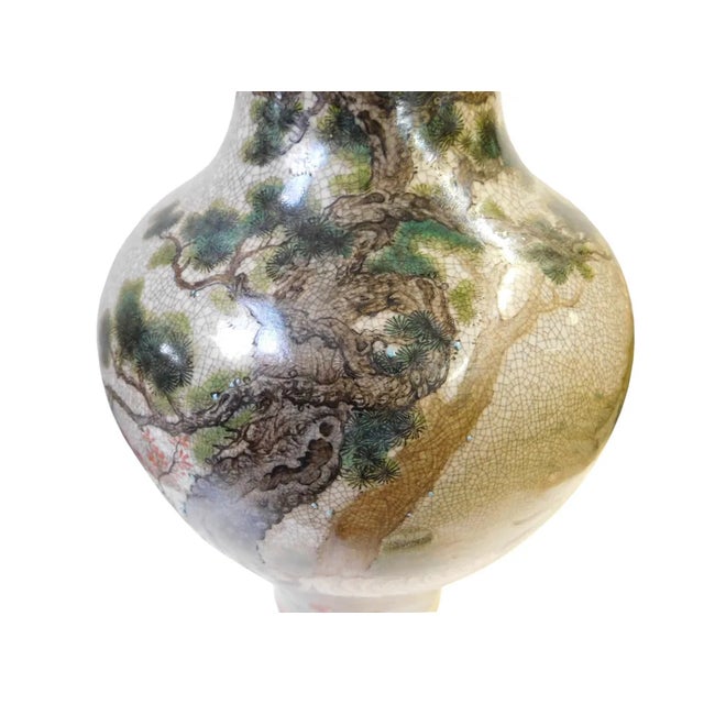 This is an oriental Chinese porcelain vase in a gray crackle pattern base color and a mix of printed & handpainted precise...
