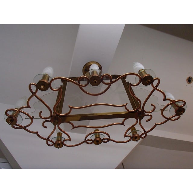 Large Art Deco Brass, Copper & Bricked Glass 8-Flame Ceiling Lamp, 1940s For Sale - Image 3 of 9