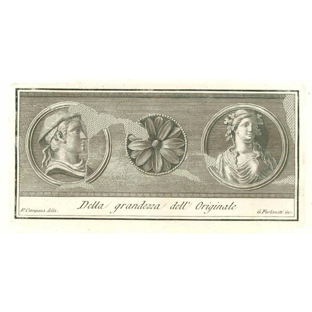 Ancient roman statues, from the series "antiquities of herculaneum", is an original etching on paper realized from a...