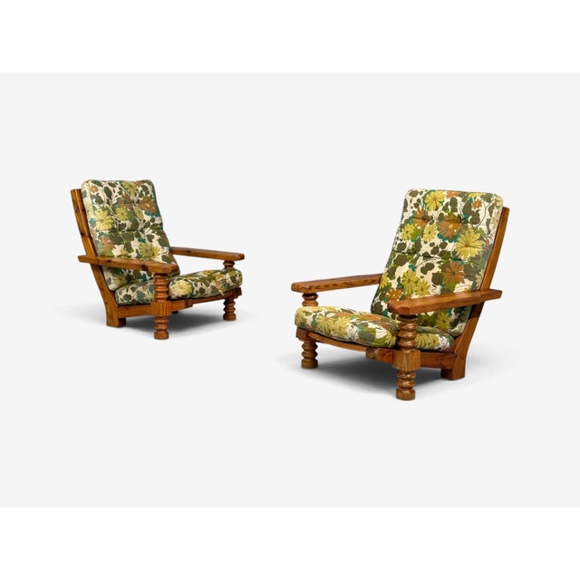 Mid-Century Modern Collden, Brutalist Lounge Chairs, Pine, Fabric, Sweden, 1970s For Sale - Image 3 of 14