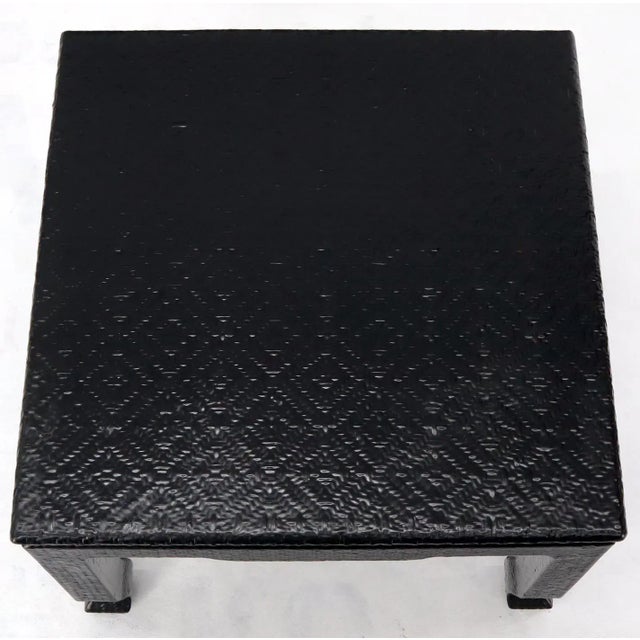 Black lacquer cloth wrapped square Mid-Century Modern side end coffee table in style of Karl Springer.
