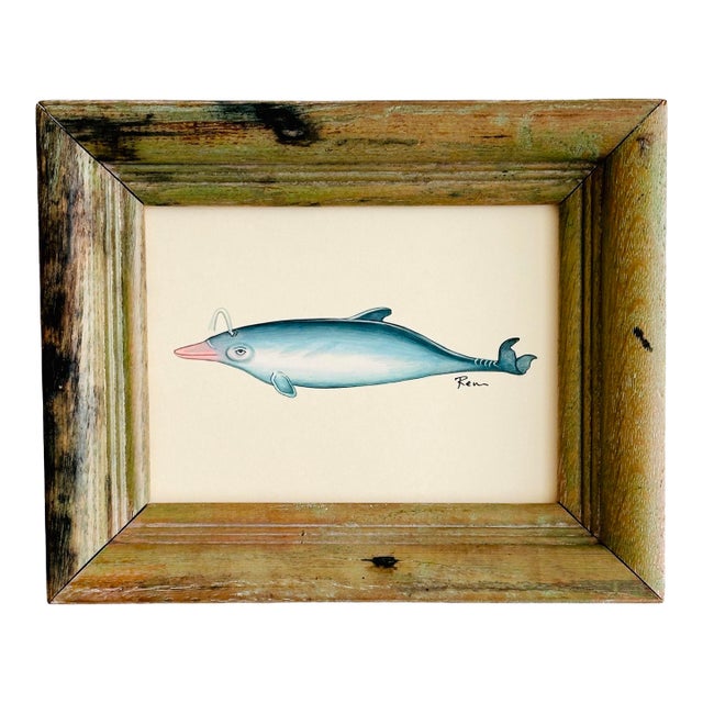 Original Handpainted Dolphin Painting in a Vintage Oak Frame For Sale