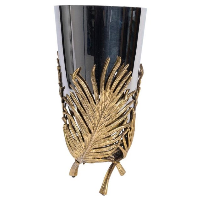 Modern Chrome- and Gold-Plated Metal Vase with Palm Leaf Motif, 20th Century For Sale - Image 5 of 5