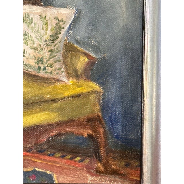Wood Vintage Wing Chair Interior Still Life Oil Painting, "The Cozy Nook" For Sale - Image 7 of 11