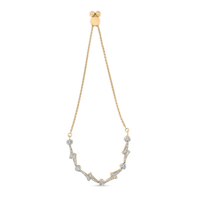 Early 21st Century 14K Yellow Gold Plated .925 Sterling Silver Diamond Accent Heart and Wave Link Bolo Bracelet (I-J Color, I2-I3 Clarity) - 6" to 9" Adjustable For Sale - Image 5 of 7