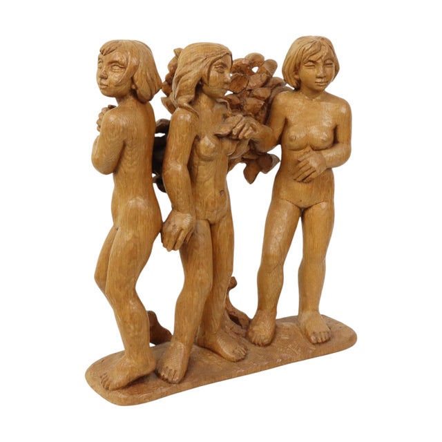 Large and unique sculpture made of solid oak, depicting 3 nude women with an organic background, vintage art object...