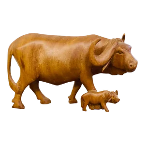 Vintage Mid-Century Hand Carved Wooden Buffalo & Baby Calf Sculpture