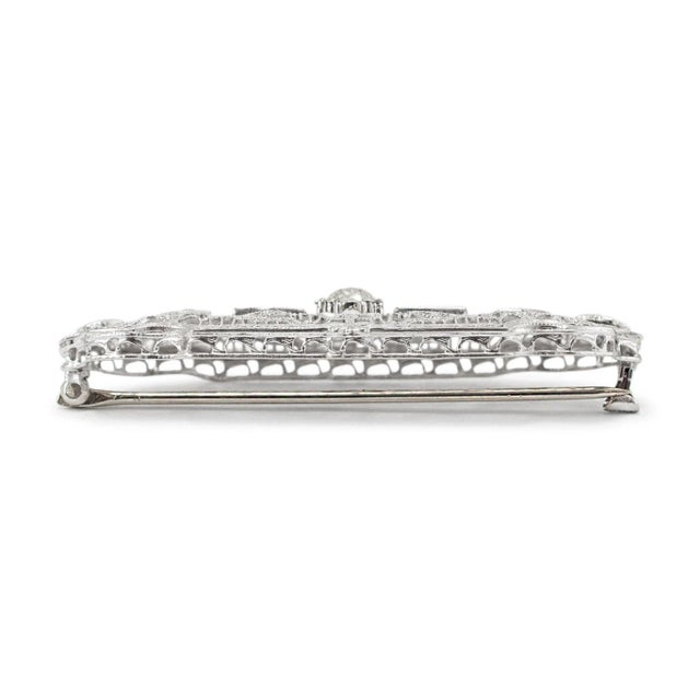 Antique Art Deco 14k White Gold Filigreed Old Cut Diamond & Sapphire Brooch For Sale - Image 4 of 7