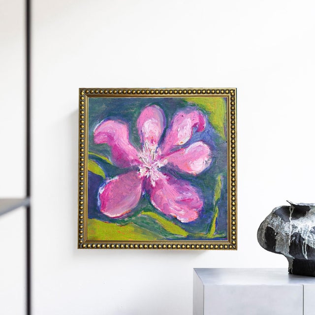 Original Pink Magnolia Painting in Ornate Gold Beaded Frame, Oil Sticks on Canvas, 12" X 12" by Tatiana Duperault For Sale - Image 4 of 4