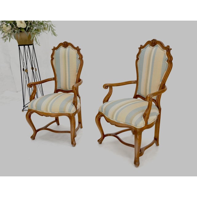 Brown Pair Carved Striped Upholstery Tall Backs Carved Walnut Scallop Design Decorated For Sale - Image 8 of 17