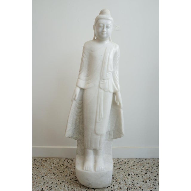 Standing Buddha Mandalay Style in Hand Carved White Marble For Sale - Image 9 of 10