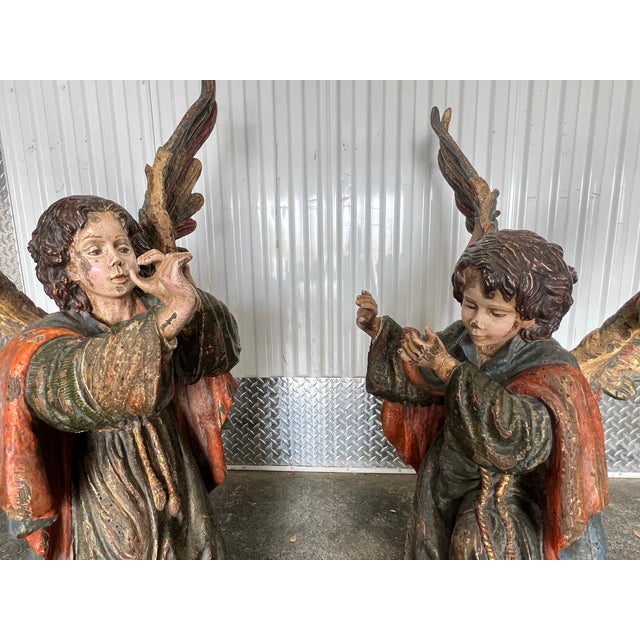 Late 20th Century Large Late 20th Century Continental Hand Carved Wood Angels - a Pair For Sale - Image 5 of 11