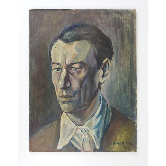 Modern Vintage 1945 Modernist Portrait Painting of Man For Sale - Image 3 of 4