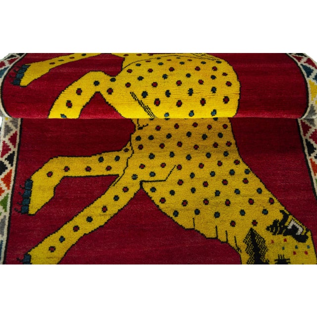 Red Hand-Knotted Gabbeh Nomad Rug with Tiger Motif For Sale - Image 8 of 11