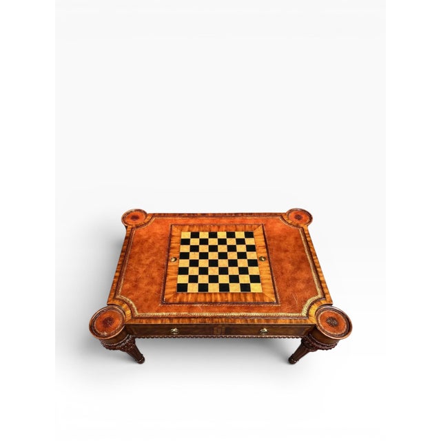 Brown Maitland-Smith Leather Top Game Table W/ Chess & Backgammon, Carved Legs & Drawers For Sale - Image 8 of 13