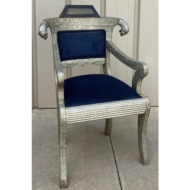 Mid 20th Century Mid-Century Anglo-Indian Klismos Style Metal Clad Chairs W/ Lions & Velvet - Pair For Sale - Image 5 of 11