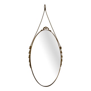 Oval Brass Wall Mirror with Neoclassical Decoration and Brass Chain, 1950s For Sale