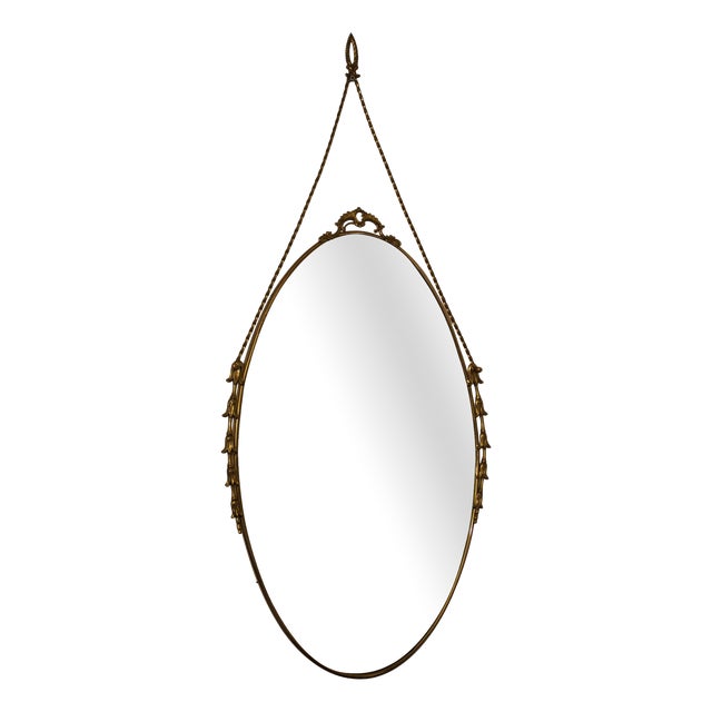 Oval Brass Wall Mirror with Neoclassical Decoration and Brass Chain, 1950s For Sale