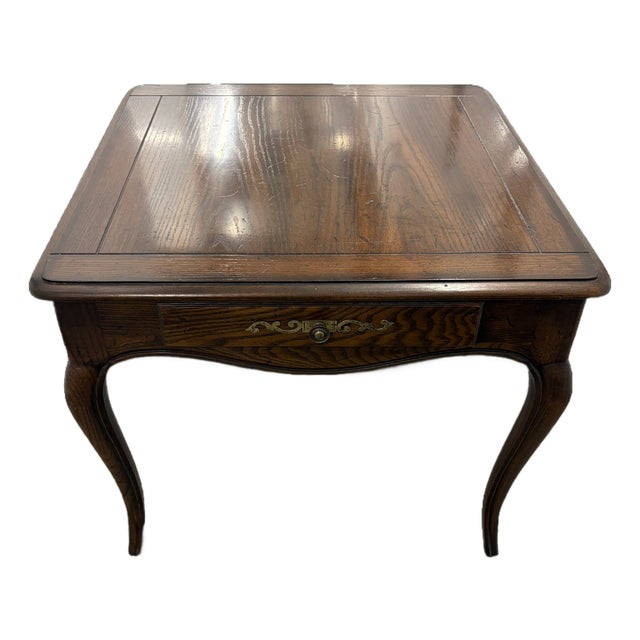 Late 20th Century Henredon Four Centuries Collection Distressed Red Oak Square Side Table With Drawer For Sale
