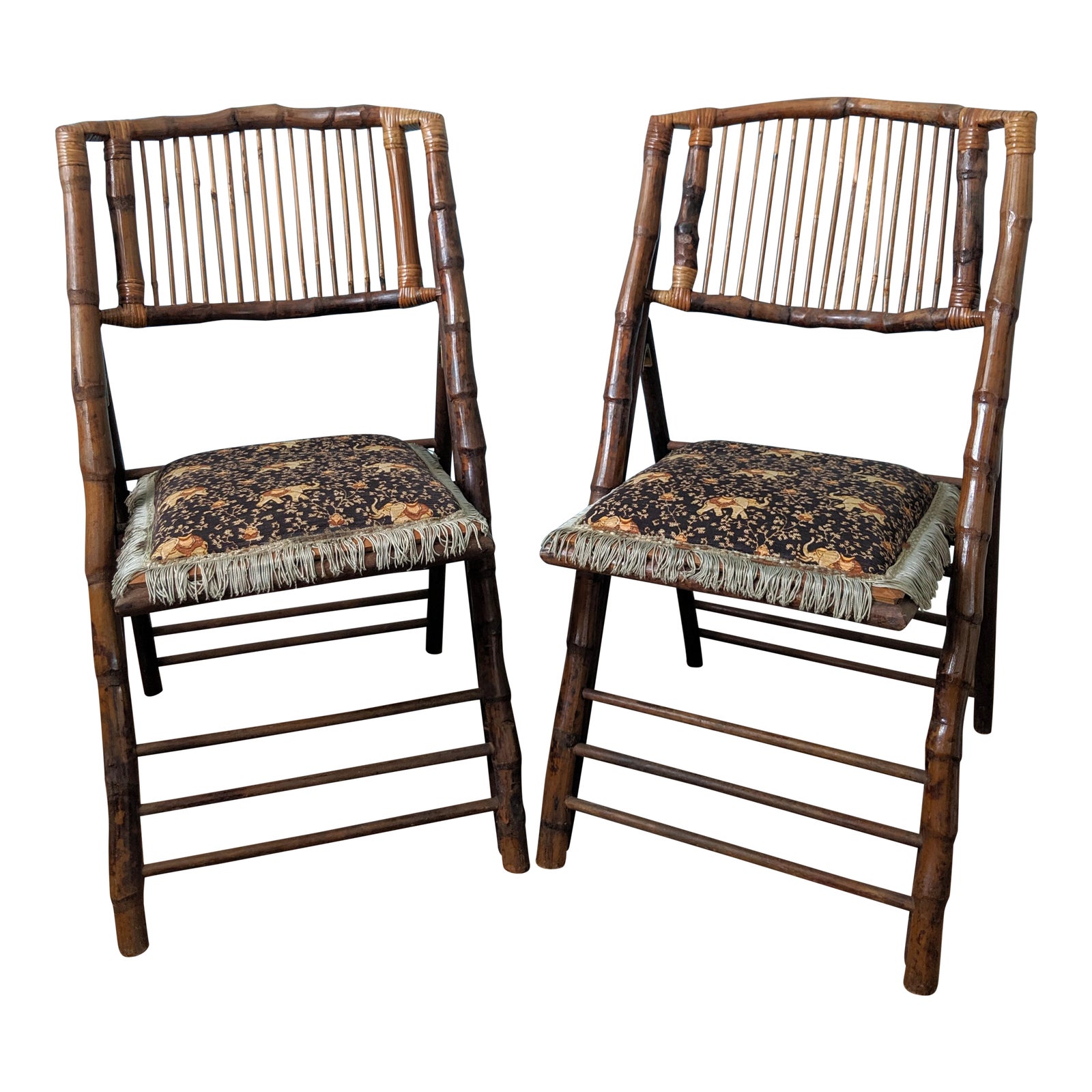 MidCentury Boho Chic Bamboo Folding Chairs With Elephant Fabric Chairish