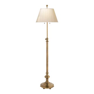 Chapman & Myers by Visual Comfort Signature Overseas Adjustable Club Floor Lamp in Antique-Burnished Brass with Silk Pleated Shade For Sale