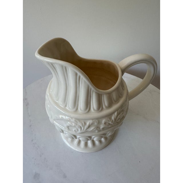 Vintage Creamware Footed Pitcher With Embossed Classical Relief For Sale - Image 9 of 9