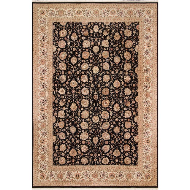 1990's Floral Pak-Persian Black/Ivory Wool&Silk Rug - 9'9'' X 13'9'' For Sale - Image 9 of 9