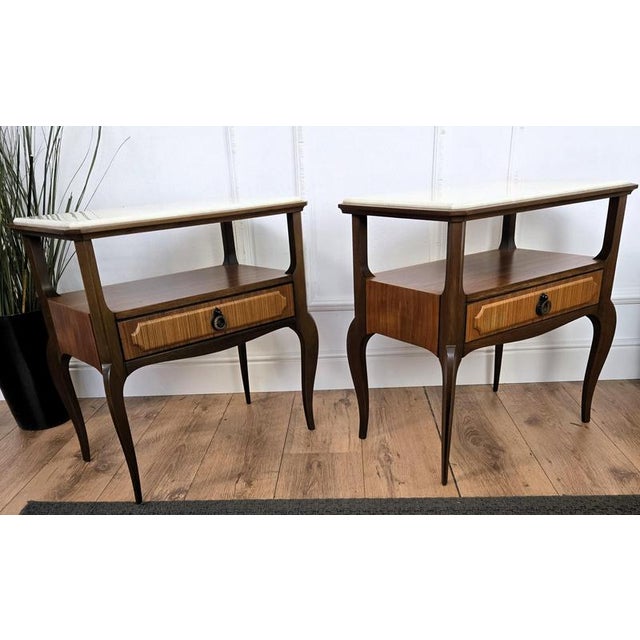 Brown Mid-Century Modern Italian Wood Bedside Tables with Marble Tops, 1950s, Set of 2 For Sale - Image 8 of 10